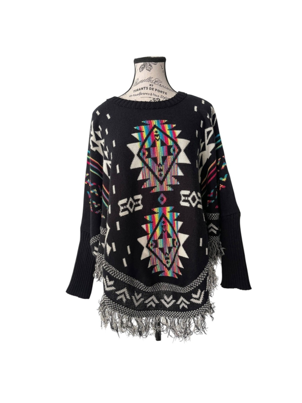 Loana Lady Black Aztec Fringe Poncho Sweater Multicolor Knit One Size